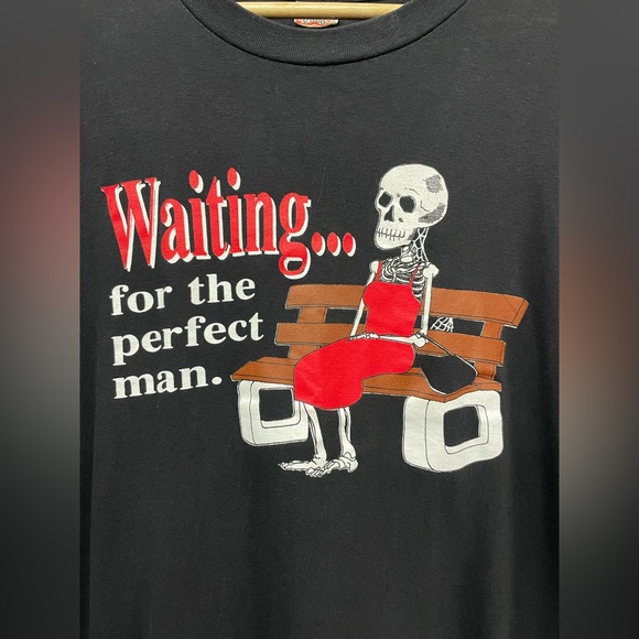 American Screens Tops - Vintage 80s Skull “Waiting…for the Perfect Man" American Screens Tee, Size L